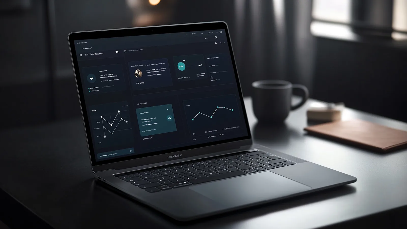 Cinematic close-up of a modern dark-grey laptop on a desk, screen displaying an analytics dashboard with line charts and a customer profile card, warm window light at the edge of frame and a coffee mug and small notebook beside the keyboard.