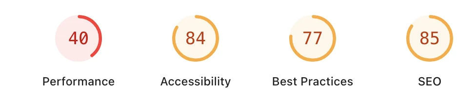 Lighthouse mobile scores for a page 5 leasing broker: Performance 40, Accessibility 84, Best Practices 77, SEO 85