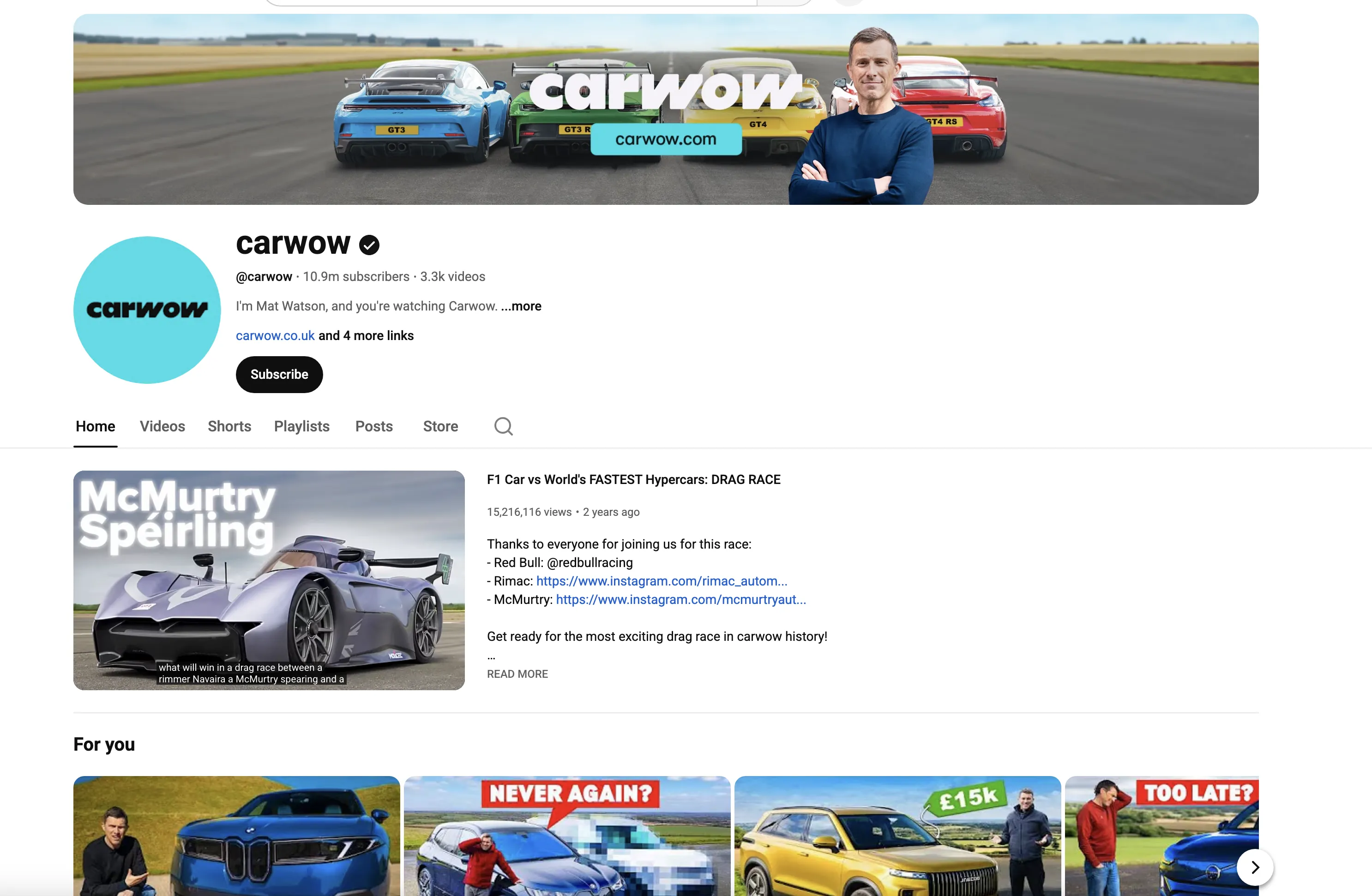 Carwow YouTube channel showing 10.9 million subscribers, Mat Watson and drag race content
