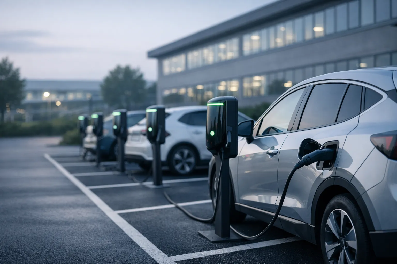 Electric vehicles charging at a corporate workplace charging hub