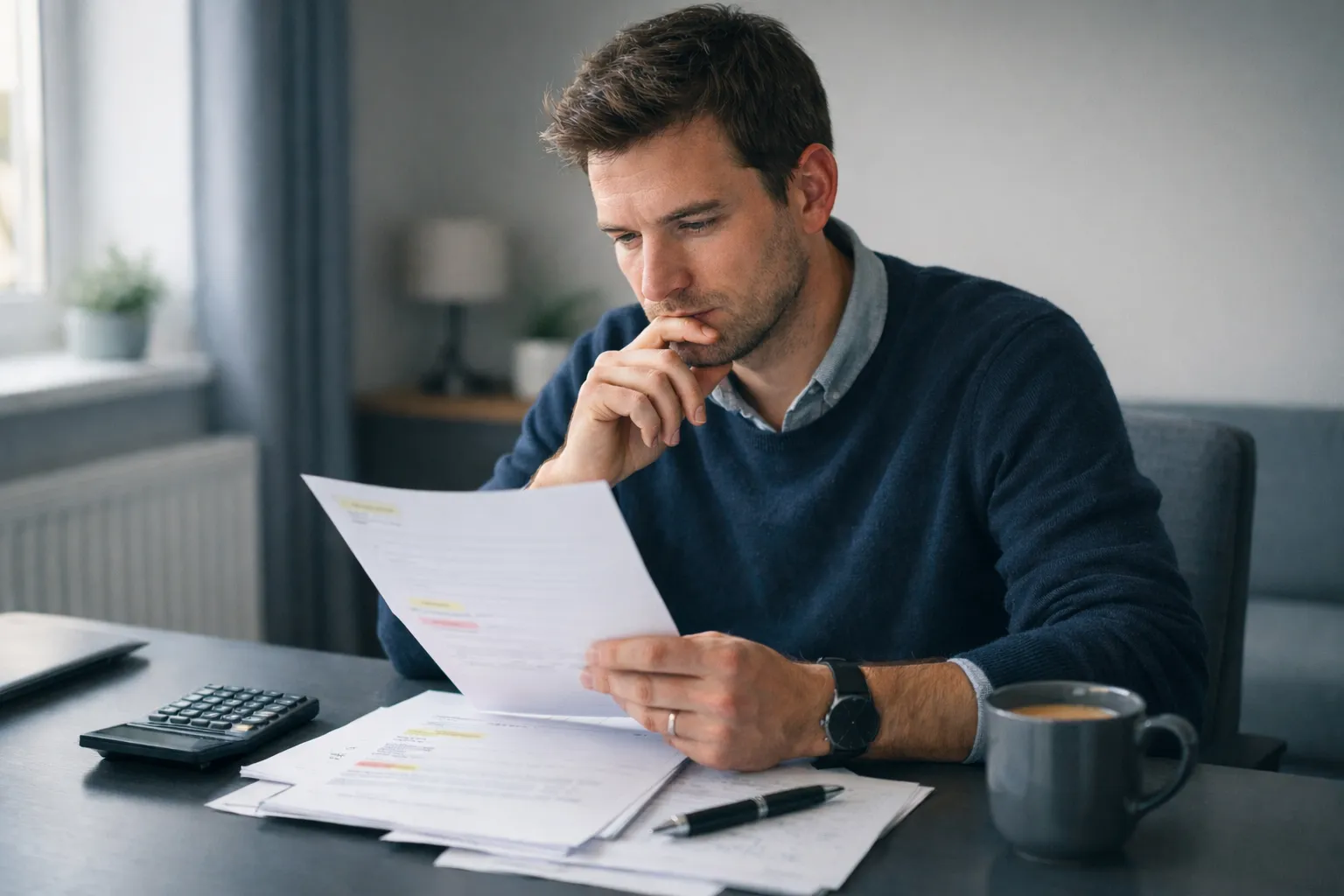 A marketing professional reviewing highlighted financial compliance documents at a desk