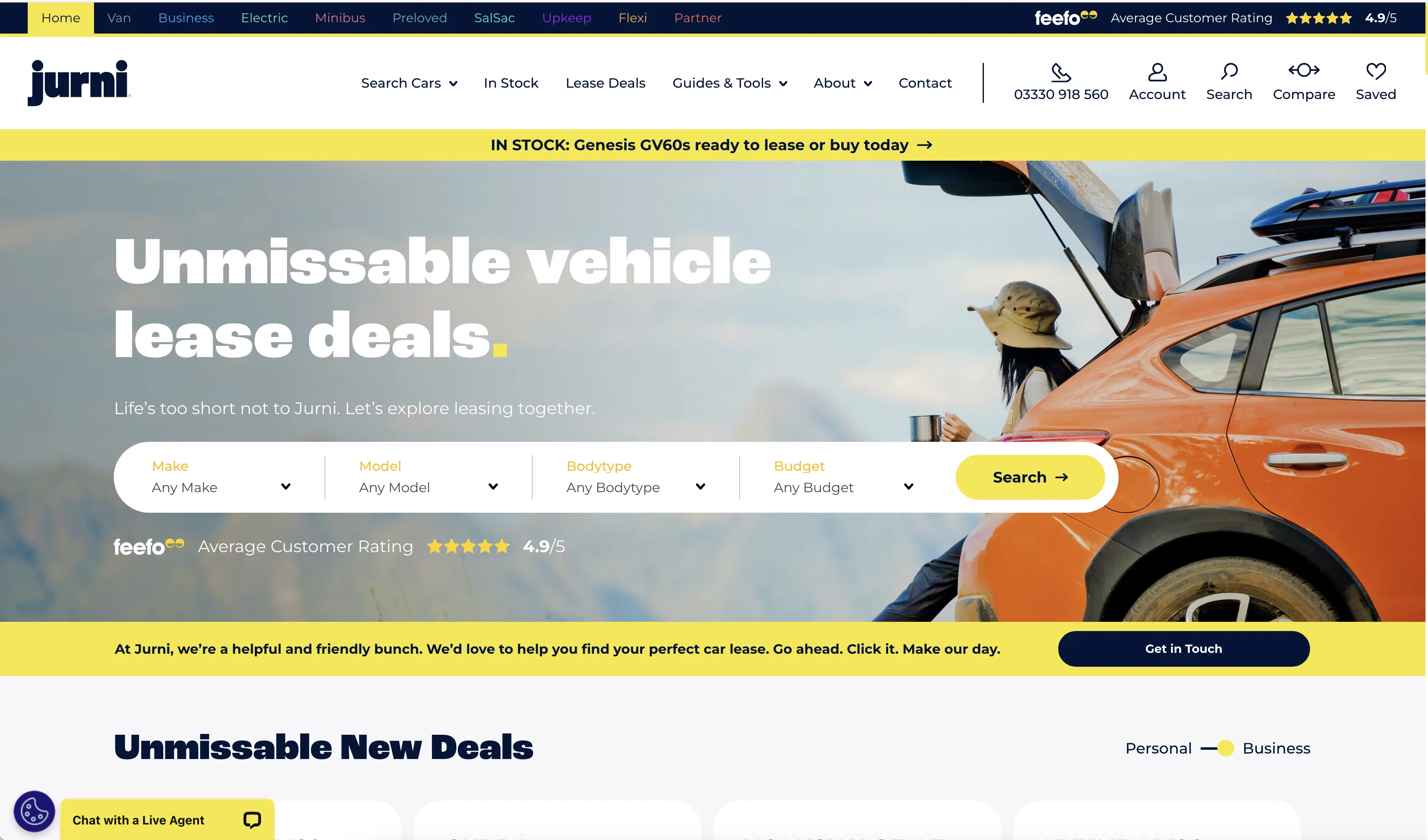 Jurni homepage, showing clean modern design with lifestyle imagery and a simple vehicle search