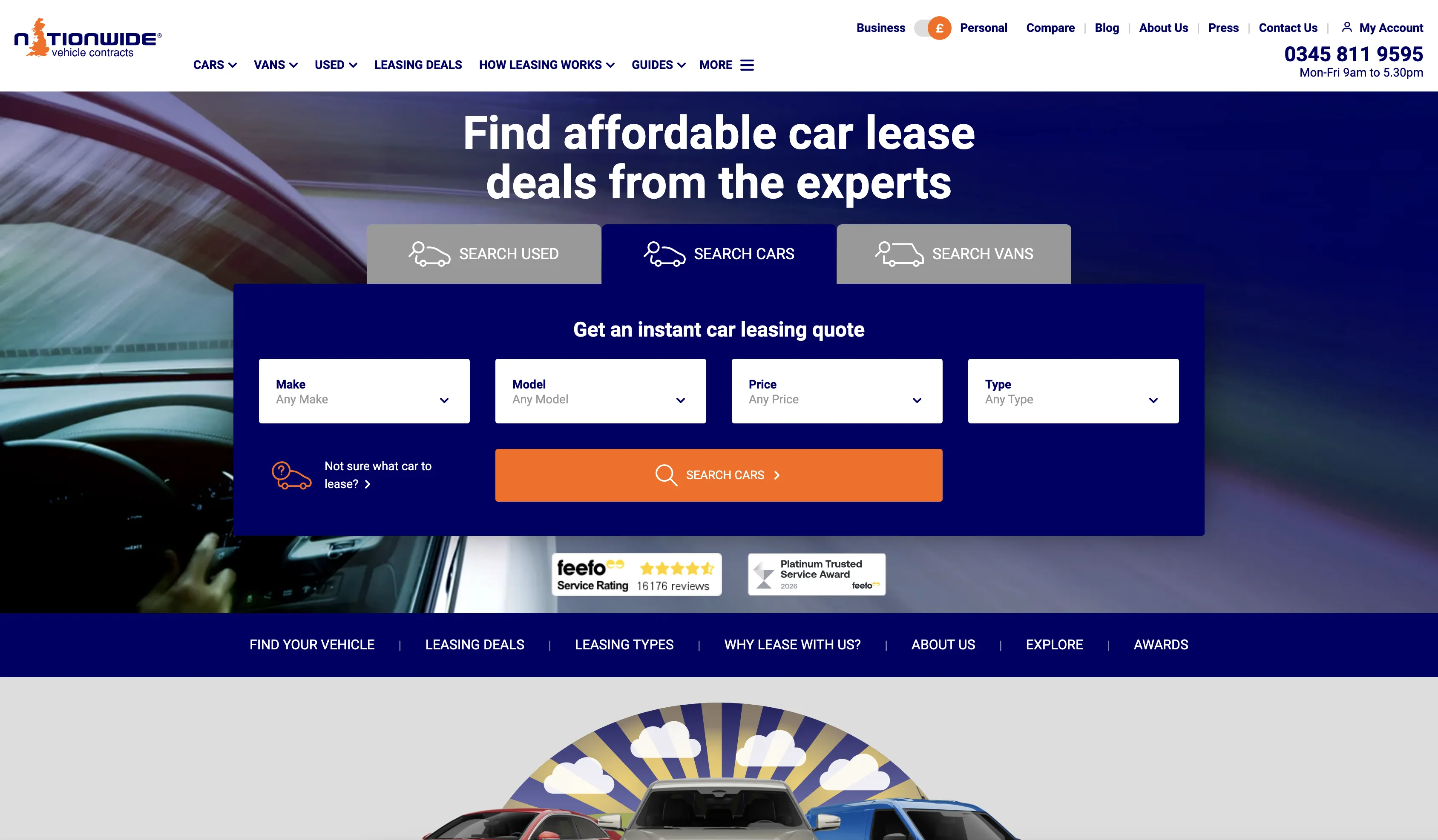 Nationwide Vehicle Contracts homepage showing search functionality, trust signals and structured navigation
