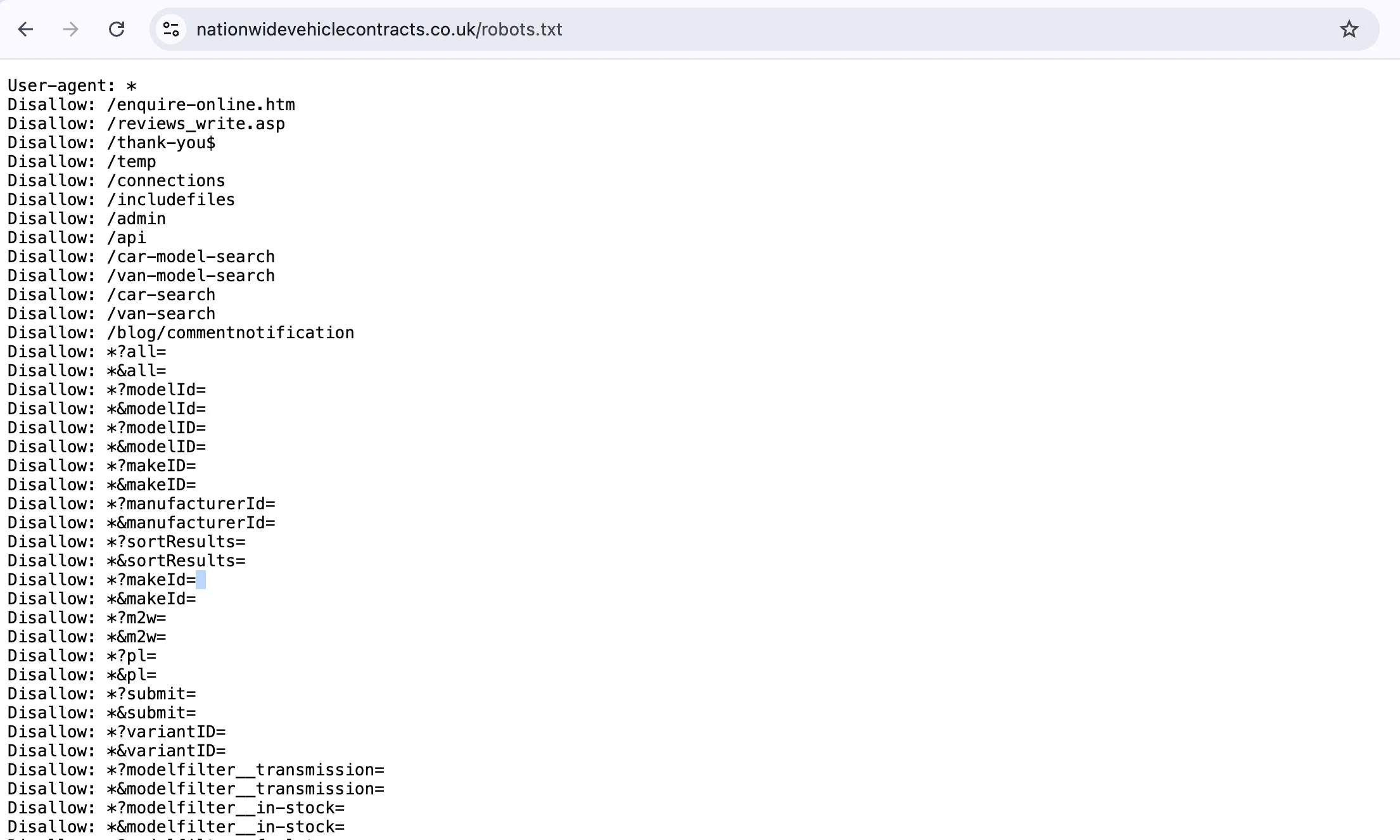 Nationwide Vehicle Contracts robots.txt file showing blocked filter and sort parameter URLs to preserve crawl budget
