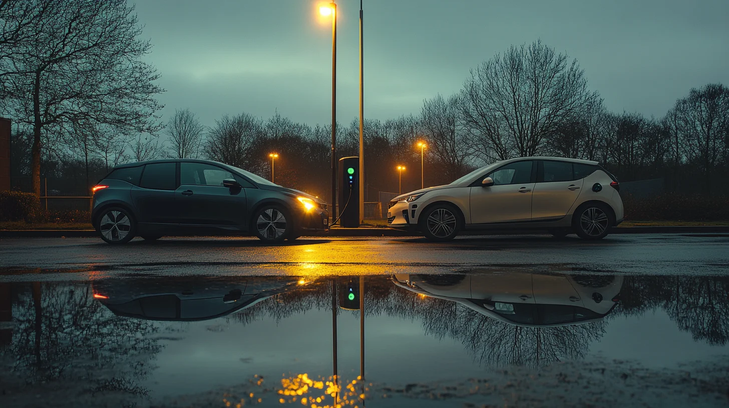 An electric car and a petrol car parked side by side at dusk on a wet UK forecourt, reflections visible in a puddle between them.