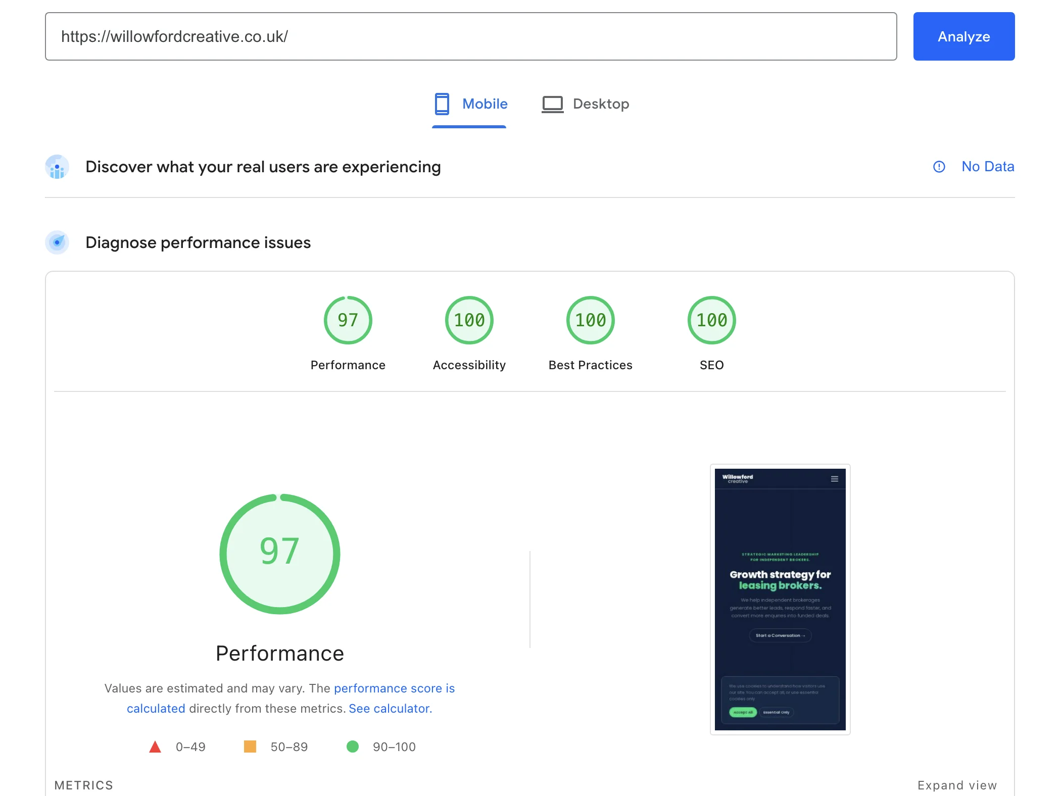 PageSpeed Insights performance report for a leasing broker website