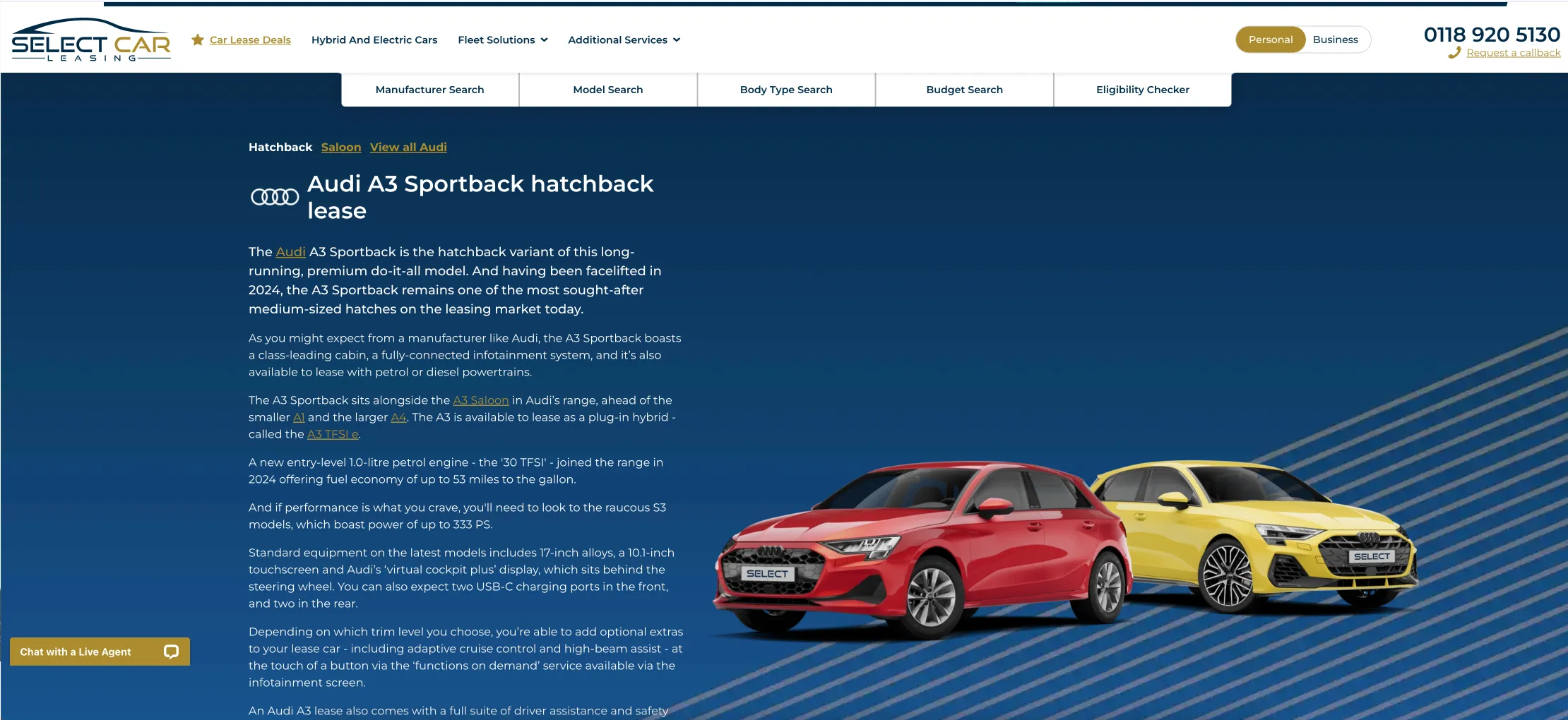 Select Car Leasing Audi A3 Sportback page showing keyword-rich editorial copy, model-specific content and structured deal listings