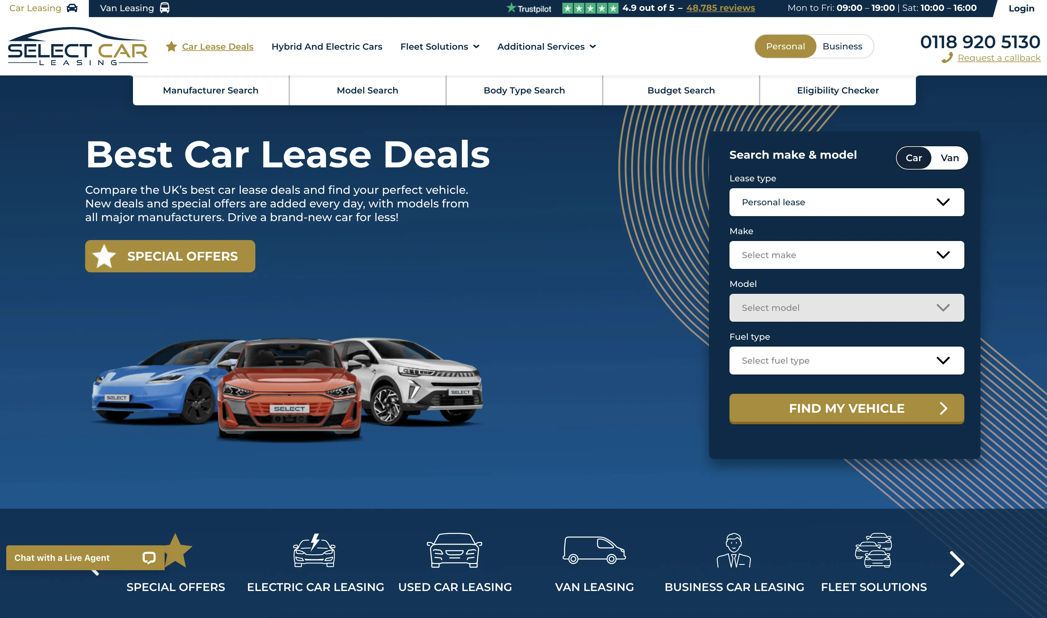 Select Car Leasing homepage showing structured navigation, search filters and deal categories