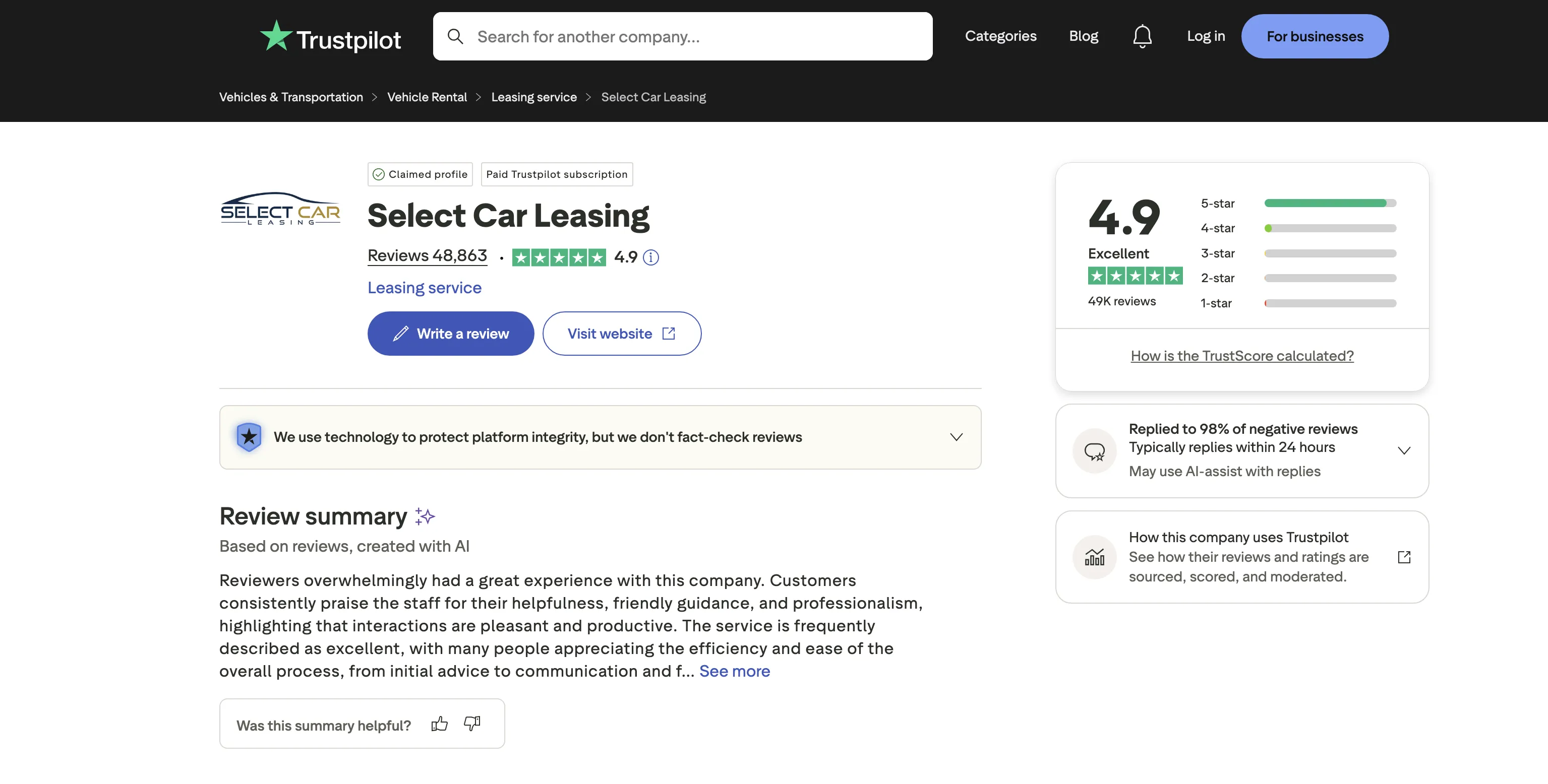 Select Car Leasing Trustpilot profile showing 48,863 reviews with a 4.9 star rating