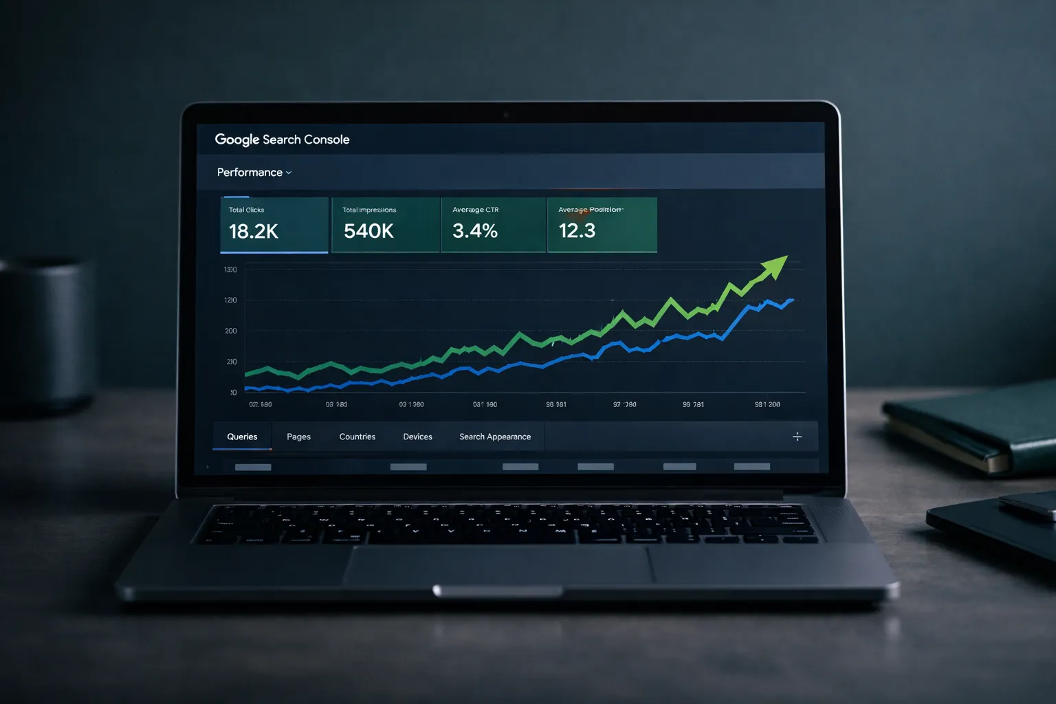 A laptop showing a Google Search Console dashboard with upward-trending organic traffic