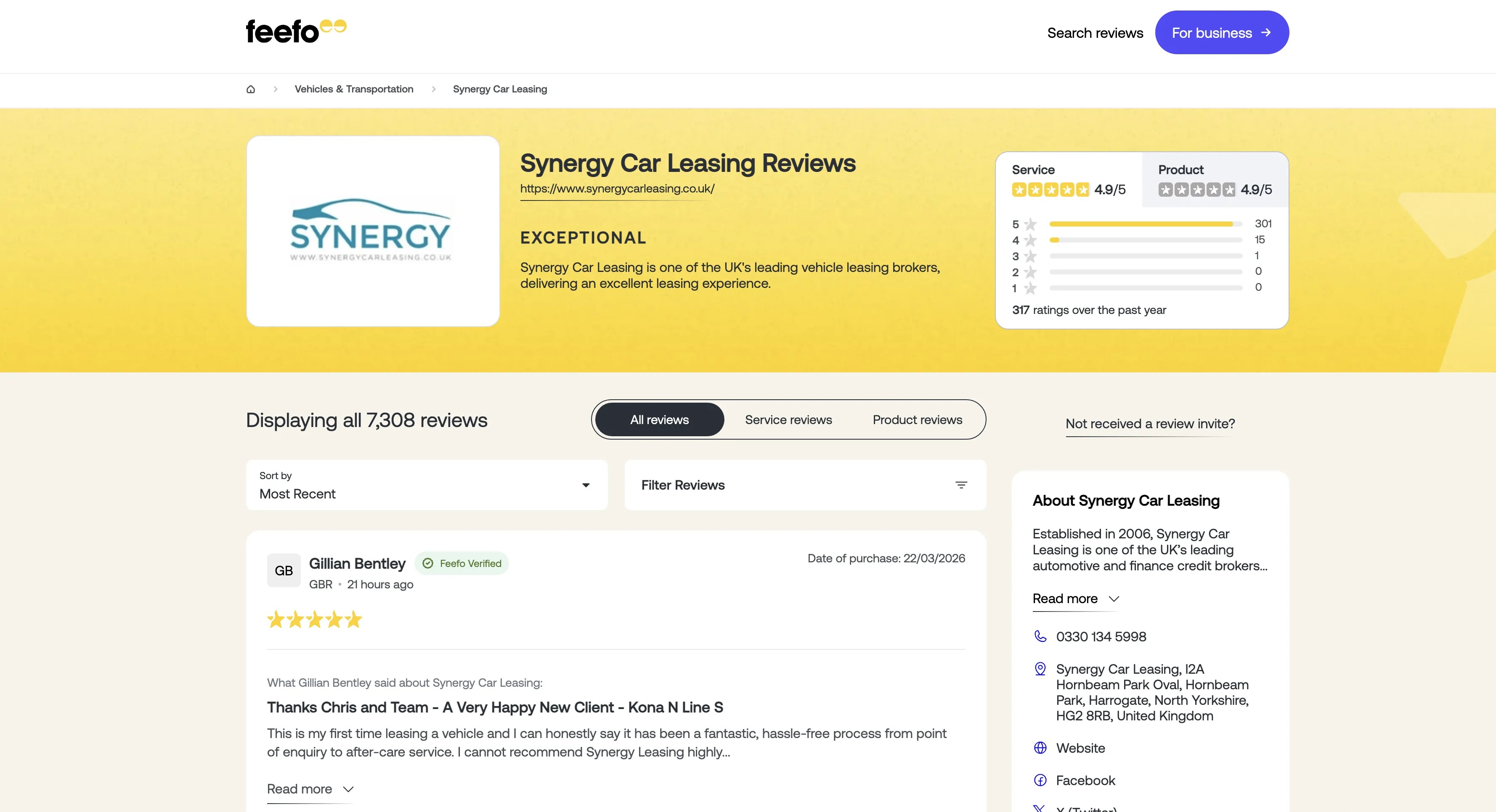 Synergy Car Leasing Feefo profile showing 7,308 reviews with an Exceptional rating