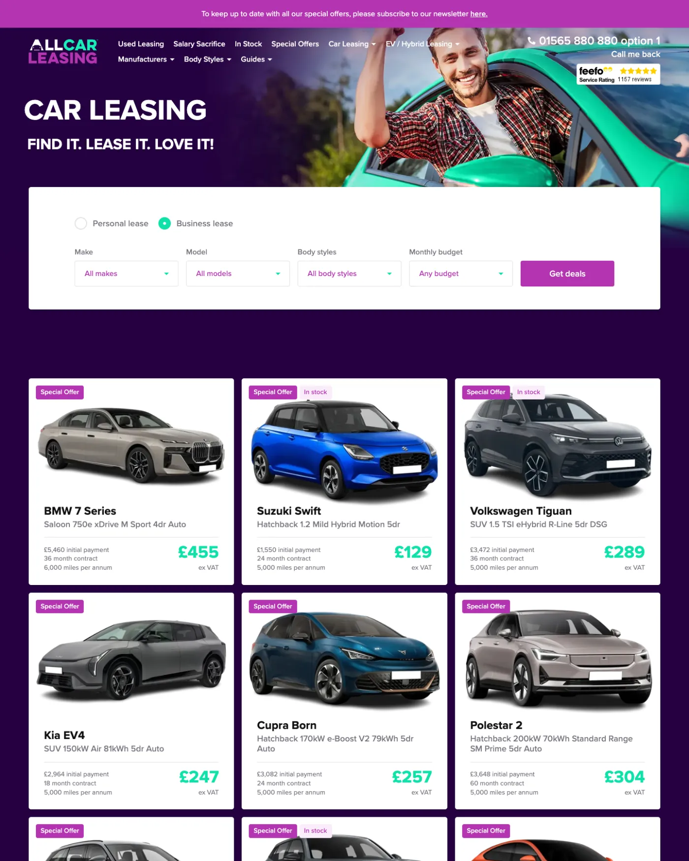 All Car Leasing homepage with a purple and teal colour scheme, lifestyle imagery of a driver in an EV, a clean vehicle search, and a grid of featured leasing offers including BMW, Suzuki, Volkswagen and Polestar models.