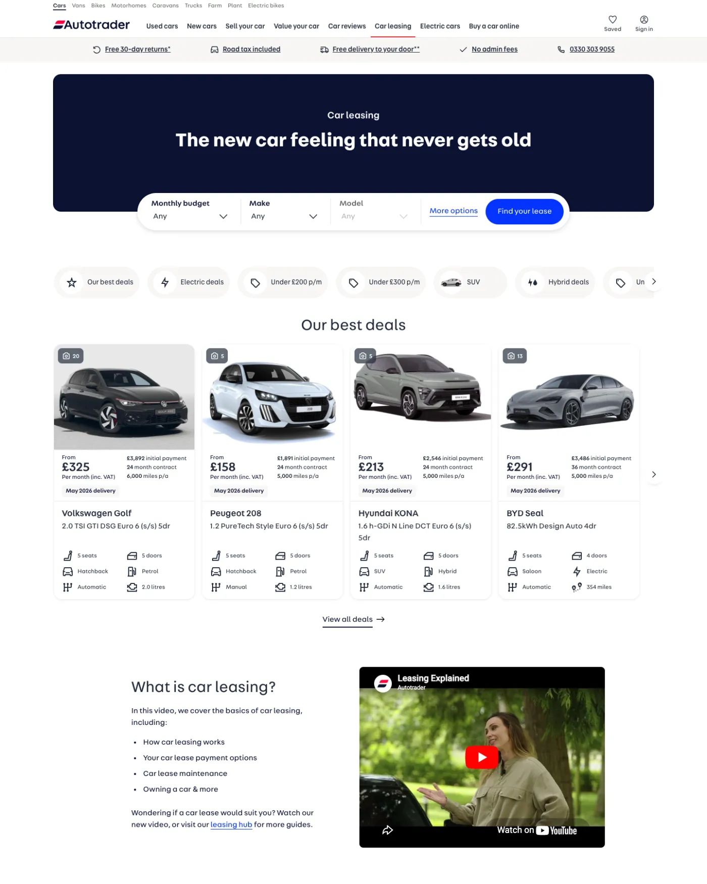Auto Trader car leasing landing page, showing a purple hero with the copy 'The new car feeling that never gets old' and a budget and make filter, with a cookie consent dialog visible mid-page.