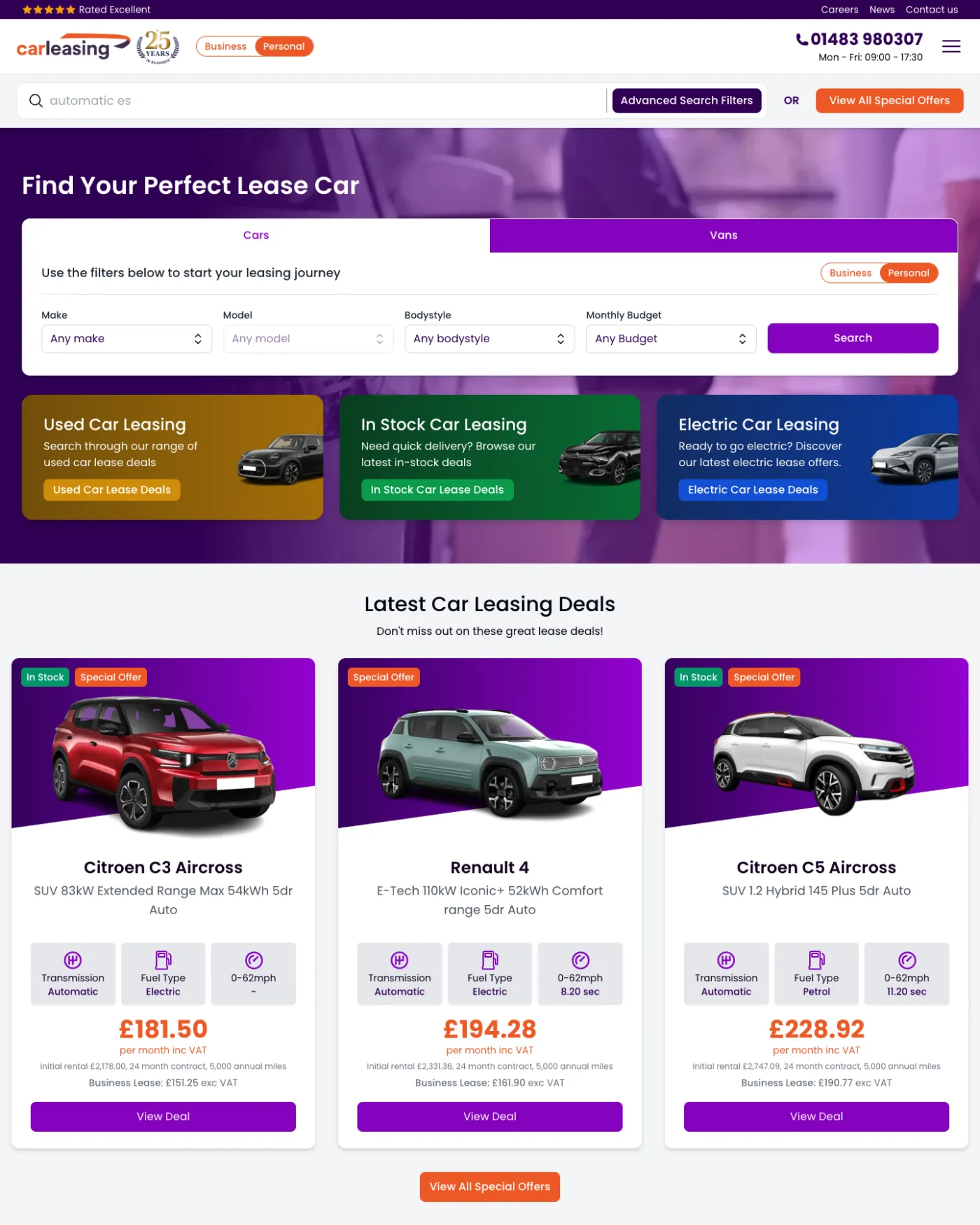 Carleasing.co.uk homepage, with a purple hero featuring a minimal search bar, car and van tabs, and featured lease deals on Citroen C3 Aircross, Renault 4 and Citroen C5 Aircross below.