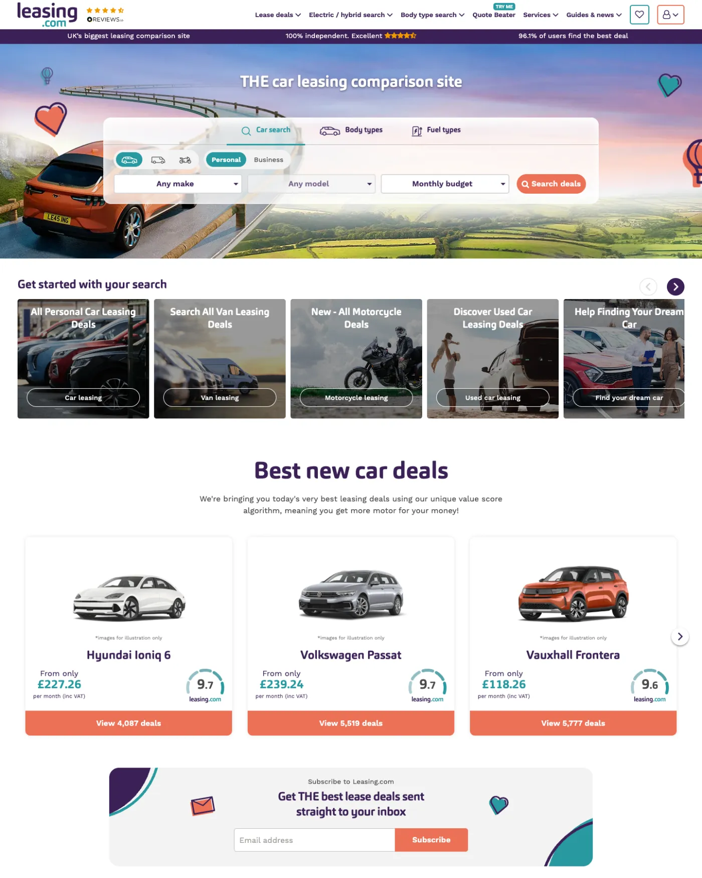 Leasing.com homepage, featuring a purple hero with a comparison-style search interface offering make, model, body type and fuel type filters, and a grid of featured new car deals below.