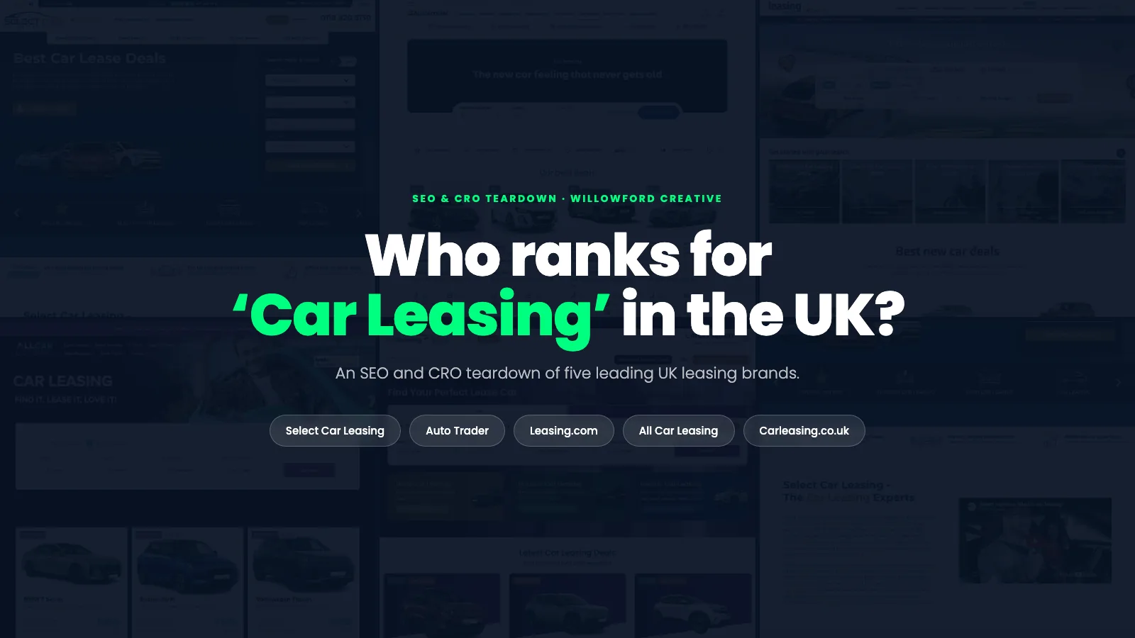 Composite image of five UK car leasing homepages that rank on page one of Google for the keyword 