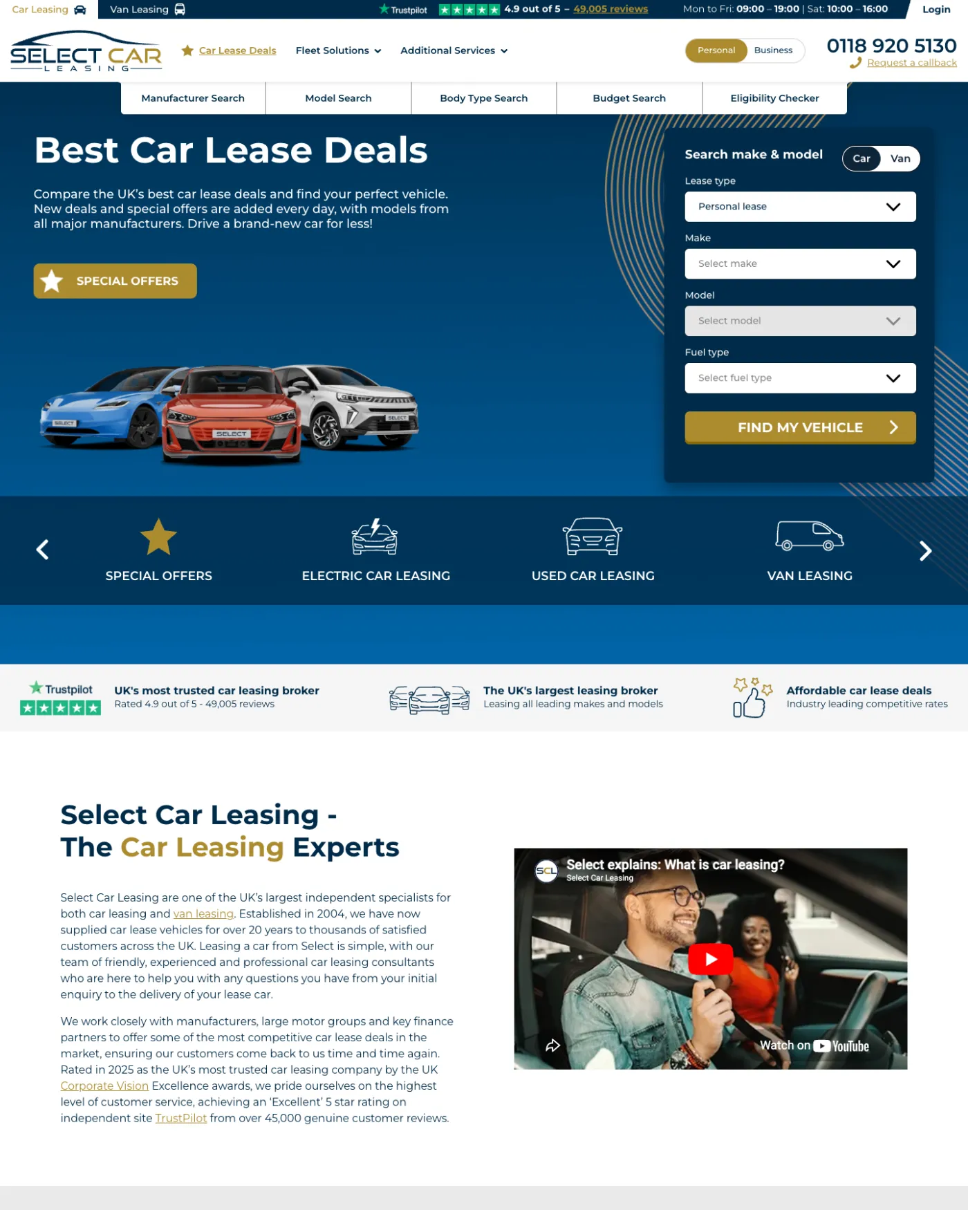 Select Car Leasing homepage, showing a dark blue hero with a vehicle configurator on the right, a Trustpilot badge, and product category tiles below.