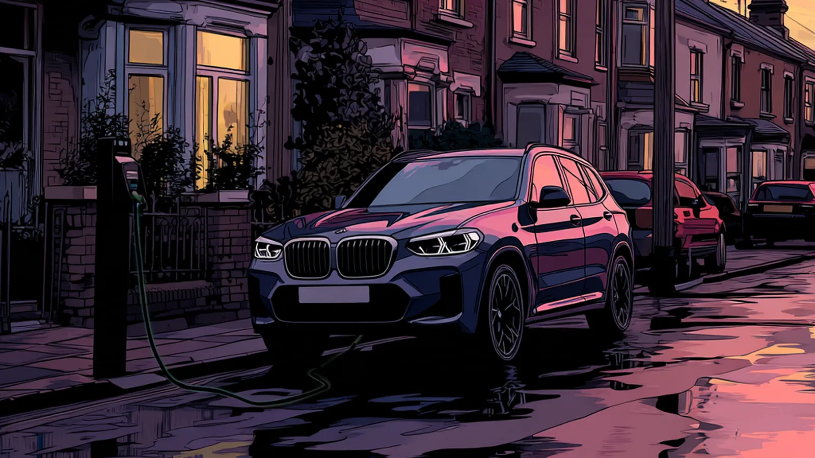 Illustration of a British terraced street at dusk with an electric car plugged in at the kerb, warm window light and a deep blue sky.
